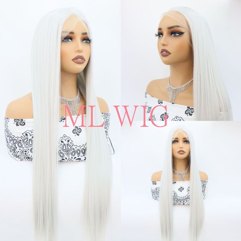 13*4 Front Lace Hand-Crocheted Wig, Silver Gray, Natural Realistic, High-Temperature Silk, Long Straight Hair, Suitable for Daily Use, Available for Immediate Shipment