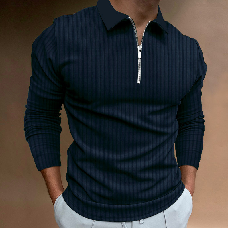 Nuevo transfronterizo de otoño para hombres europeos y estadounidenses deportivo acondicionamiento físico casual de collar vertical elástico tiras verticales con cremallera de manga larga camisa polo