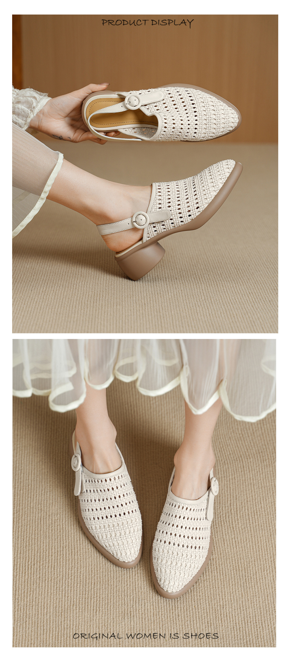 Sandal cao gót nữ mũi nhọn quai chữ T đan dây, gót thô 5 cm — Màu vàng đất chi tiết 6