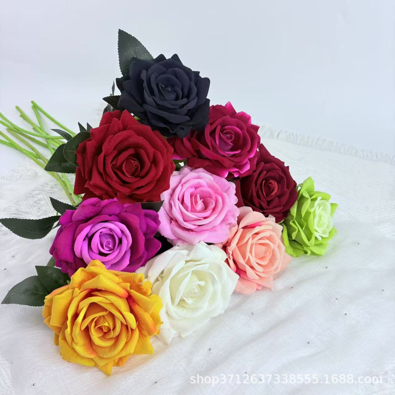 跨境仿真单枝绒布大富贵玫瑰花婚庆礼堂装饰花材路引地排装饰假花