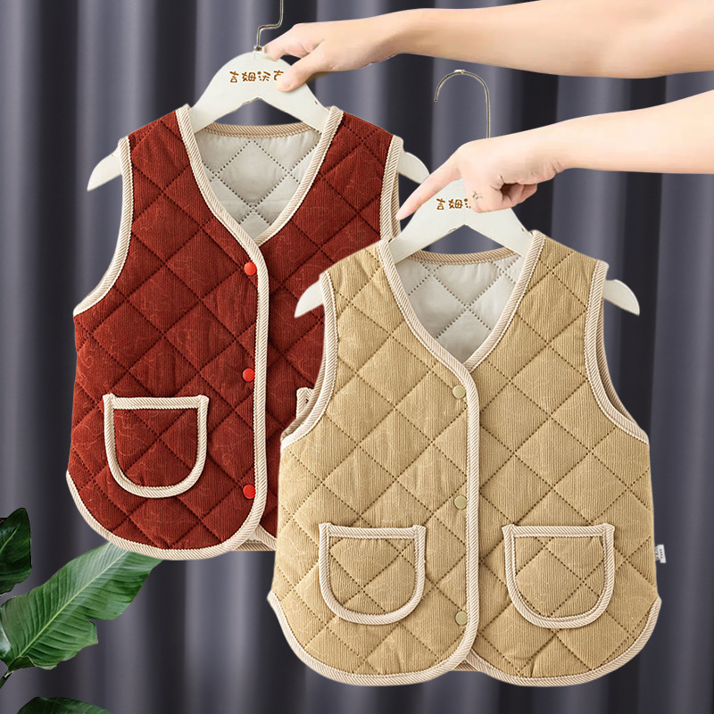 Chaleco de primavera y otoño para bebés, chaleco de calor a prueba de viento para mujeres, estilo extranjero y veludo, espeso nuevo hombro de algodón para niños
