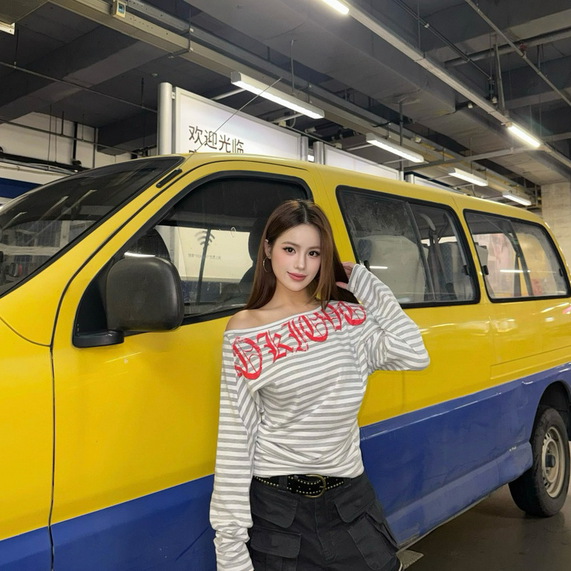 纯棉色织条纹斜肩露肩收腰百搭长袖T恤薄款打底上衣女防晒罩衫|undefined