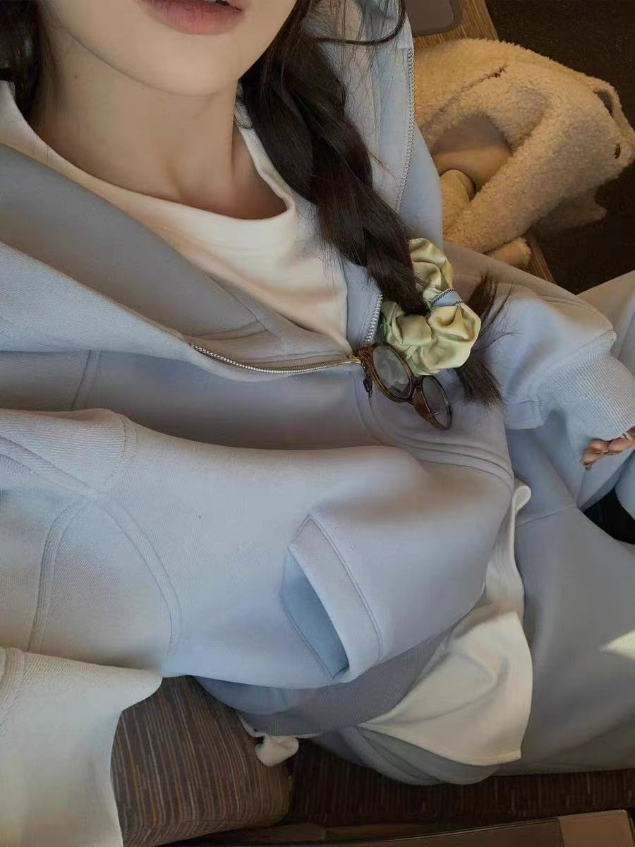 ActiveGo Lazy Style Casual Sportswear For Women, Autumn Winter Fashion, Fleece-Lined Thickened Hooded Sweatshirt And Sweatpants,_desvips.com