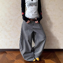 韩系慵懒风做旧复古黑白竖条纹休闲裤女春百搭慵懒风松弛感弯刀裤