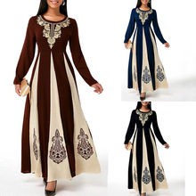 2025秋冬欧美爆款女装跨境独立站印花圆领拼接长裙速卖通复古连衣