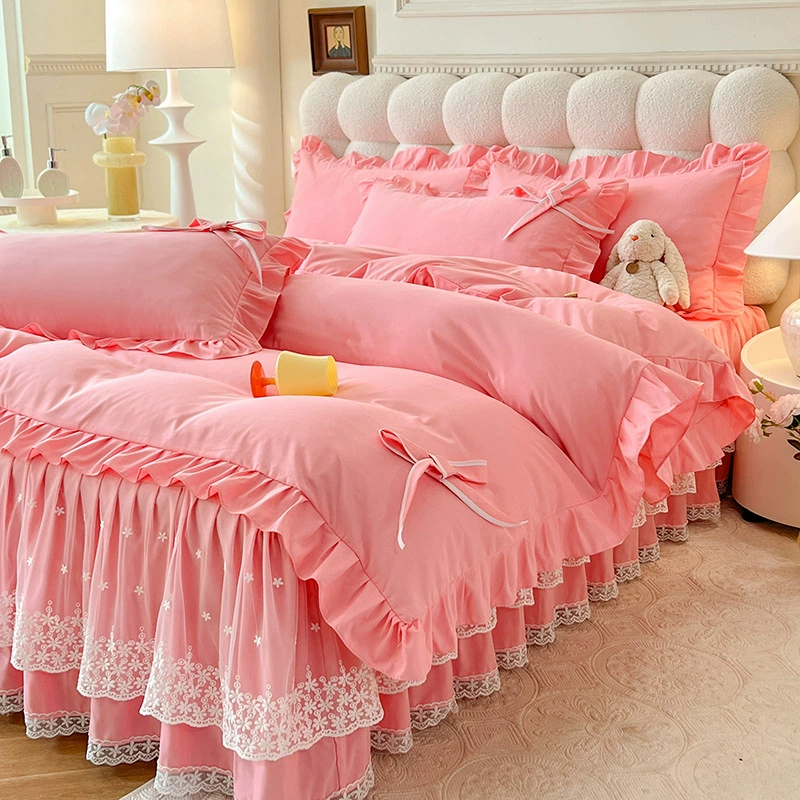 Роскошный мягкий и приятный для кожи комплект из четырех предметов с бантом и кружевом, доступный для трансграничных покупок — супермягкий хлопковый комплект с принтом в стиле юбки для кровати