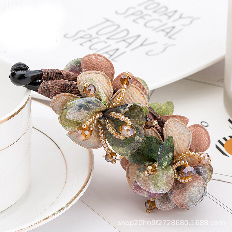 韓国の花の縦のクリップのカチューシャの大きいサイズのバナナは馬尾を挟んで布芸の手作りの水晶を挟みます。