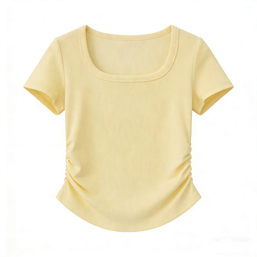 230g ice silk rib   Design, curved wear, slim pleated waist top, slimming, summer short-sleeved women