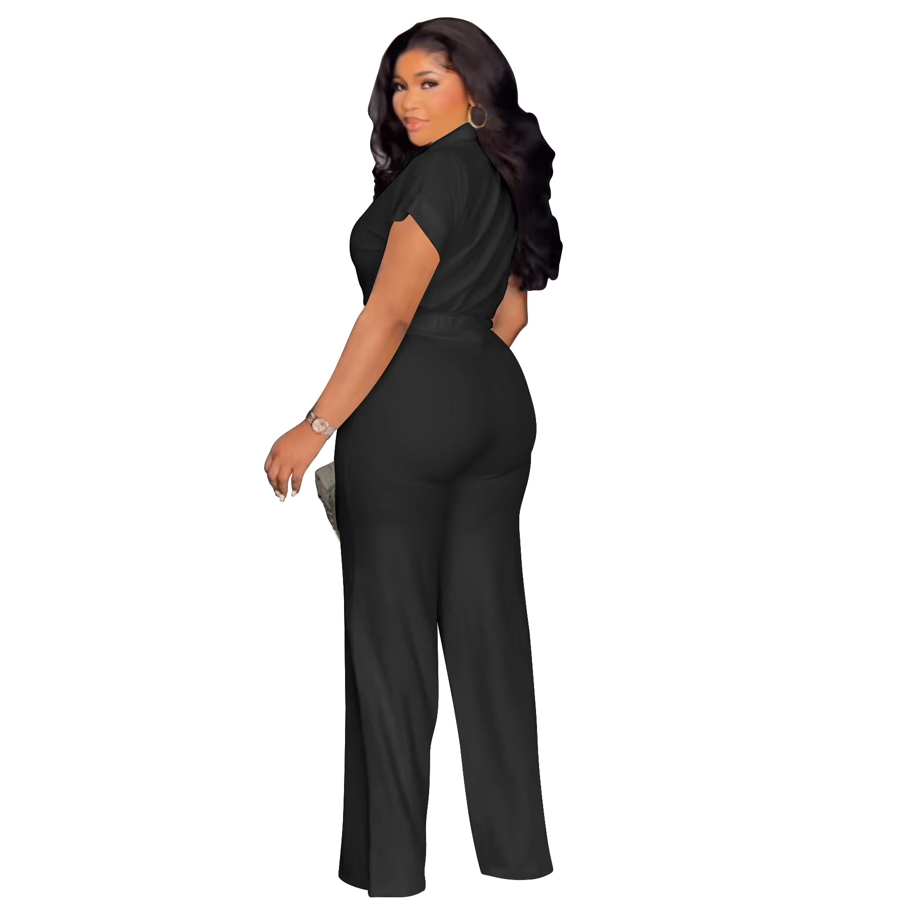 Women's Clothing Plus Size Summer Outfit High Waist Casual Pants & Solid Color Shirt Short Sleeved Two-Piece Set_ecoleips.com