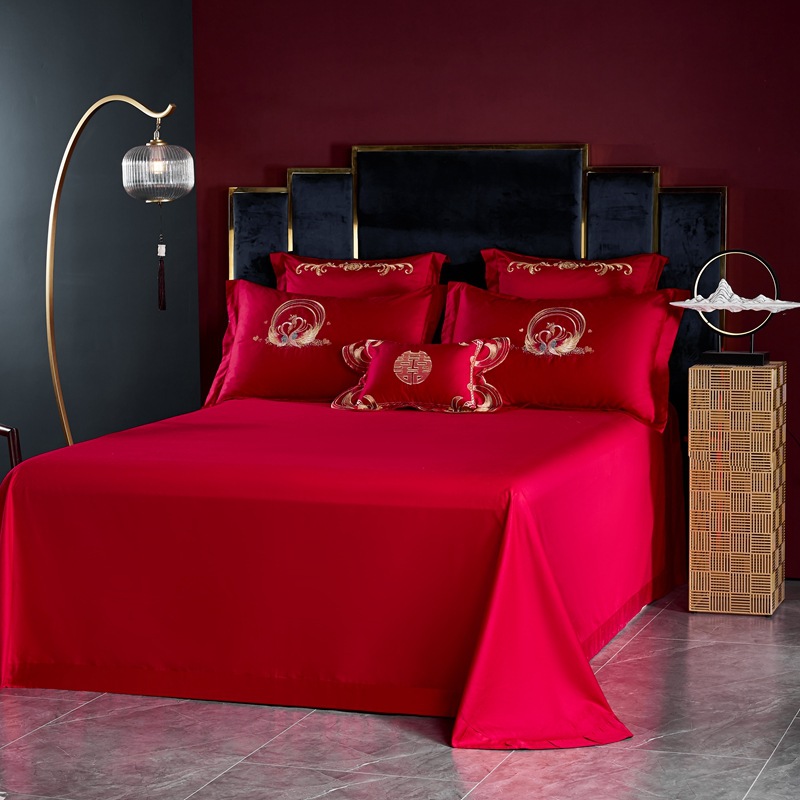 algodón molido de alta gama, bordado de bodas, algodón puro, cuatro piezas, ropa de cama de boda roja, lujo ligero