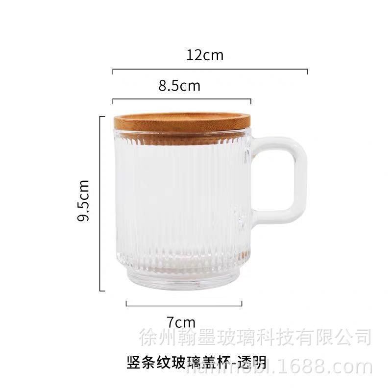 Taza de vidrio a rayas verticales con tapa de madera taza de café casera taza de bebida de leche taza de whisky de alto valor