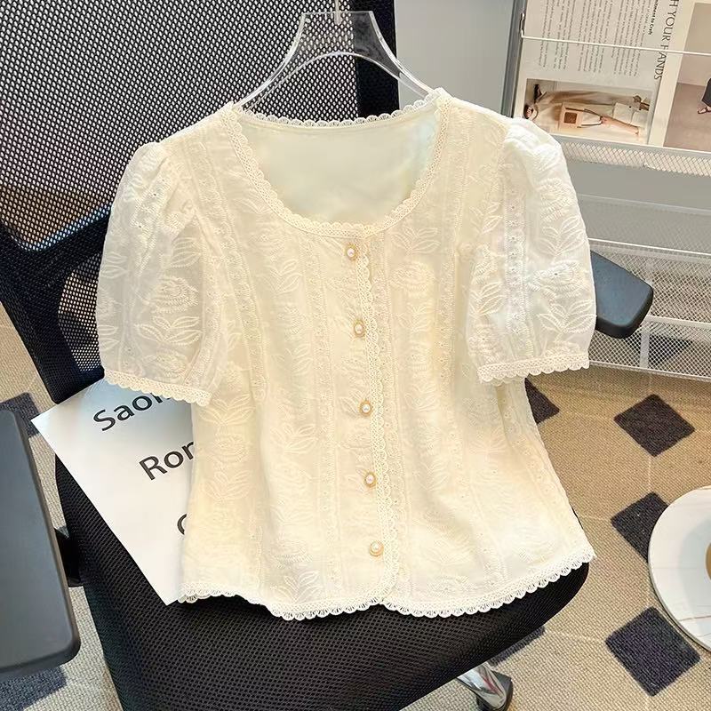French Puff Sleeve Lace Top Women's Summer New Elegant Chiffon Shirt Short Sleeve plus size Women's Small Shirt French Puff Sleeve Lace Top Women's Summer New Elegant Chiffon Shirt Short Sleeve plus size Women's Small Shirt