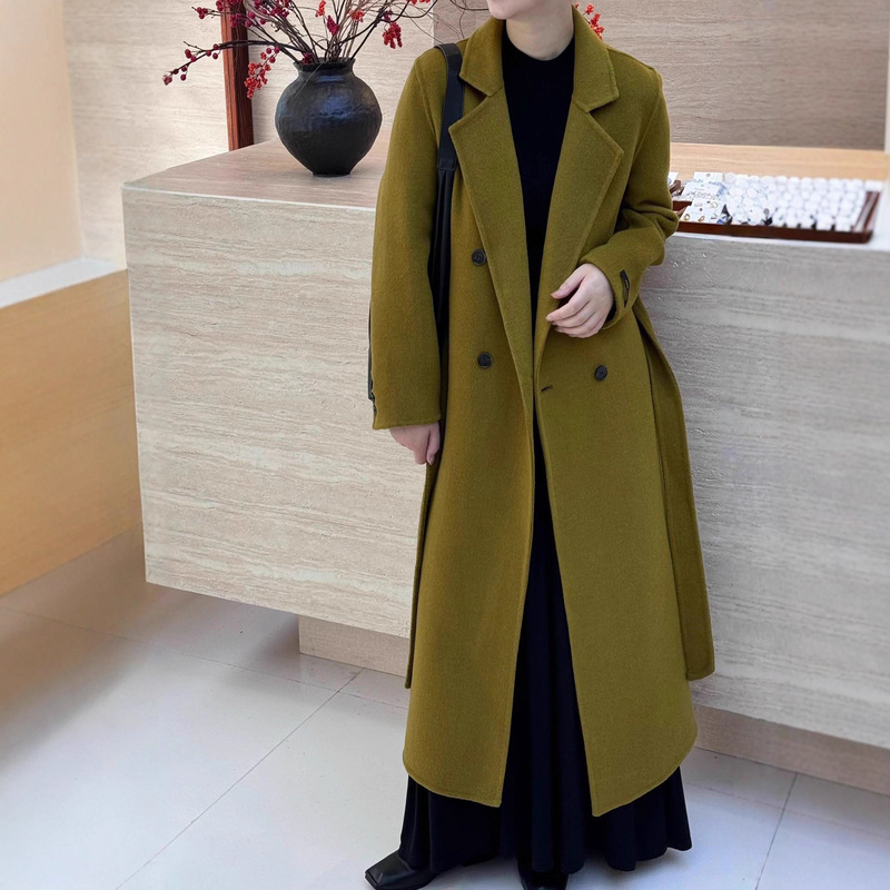 Right Shoulder Lace-Up Simple Elegant Double-Sided Wool Outwear Long Suit Collar Belt Wool Women's Woolen Outwear