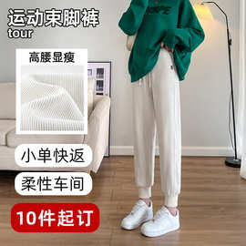 运动裤女2026春秋高腰抽绳休闲裤欧棉绒竖条裤加绒裤子女设计感