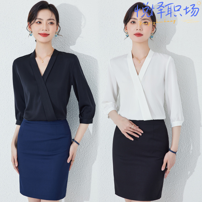 Business Wear V-Neck Shirt Women's Mid-Sleeve Chiffon Shirt ol White Shirt Suit White Collar Elegant Dress Work Clothes