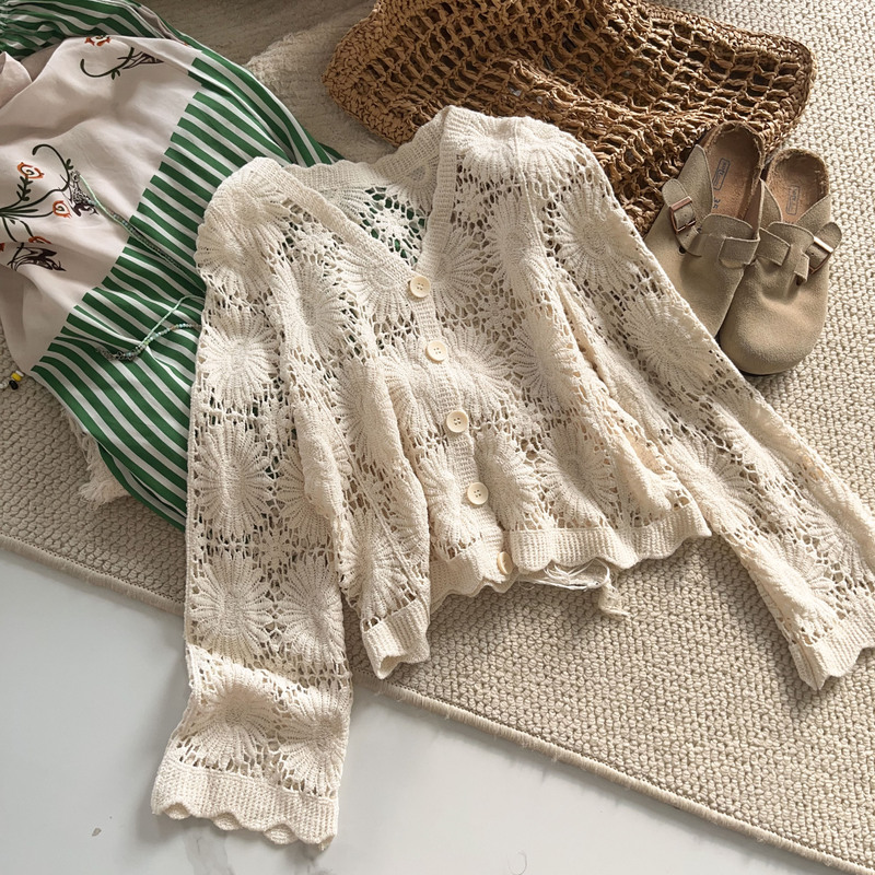 Bohemian Style Short Knitted Cardigan for Women, Summer Hollow Jacquard Layered Jacket, Versatile Long-Sleeved Top Bohemian Style Short Knitted Cardigan for Women, Summer Hollow Jacquard Layered Jacket, Versatile Long-Sleeved Top