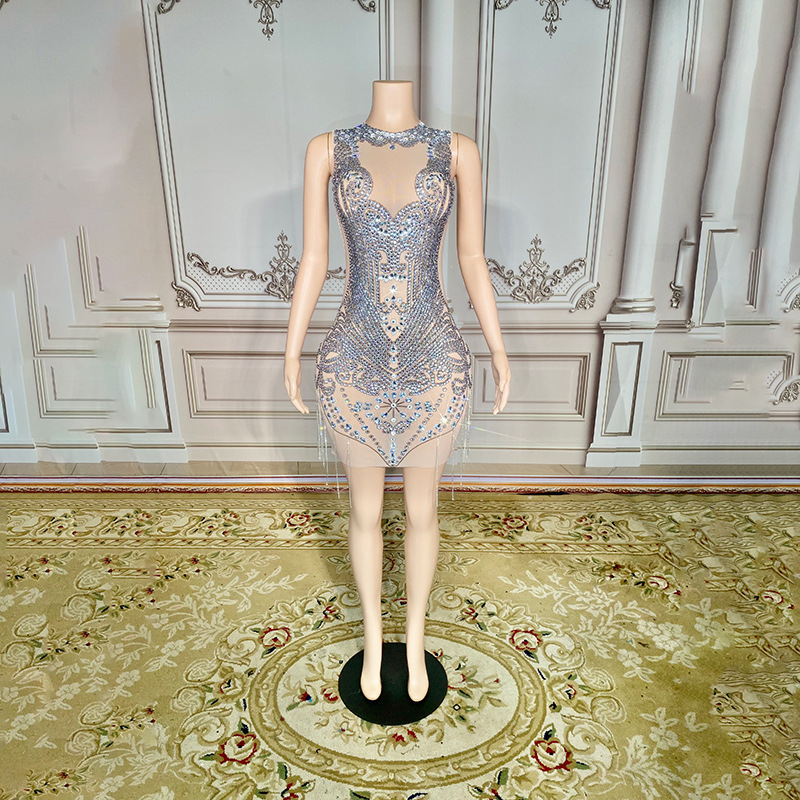 2024 New Women's Shiny Rhinestone Diamond Evening Dress Ladies Mini Sexy Prom Dress Slim Short Skirt