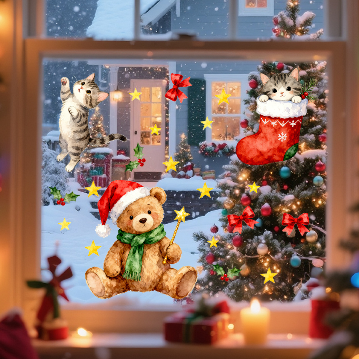 Christmas Wall Stickers Santa Claus Kitten Bear Window Decals_voghion.com