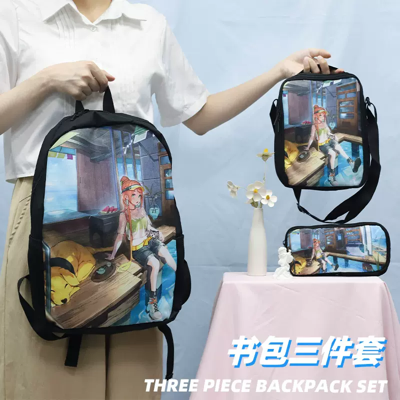 跨境亚马逊卡通动漫来图定制书包三件套中小学生双肩包挎包笔袋