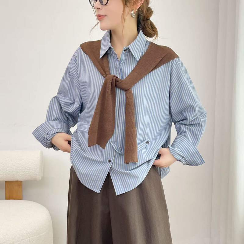 Korean style new striped scarf and tie women's cardigan long-sleeve shirt top wholesale trendy Korean style new striped scarf and tie women's cardigan long-sleeve shirt top wholesale trendy