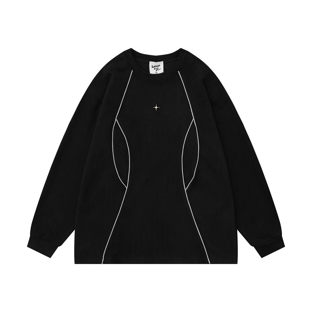 Vibe Trendy Loose Round Neck Sweatshirt Spring Autumn Men's Niche Design Line Split Patchwork Pullover_voghion.com