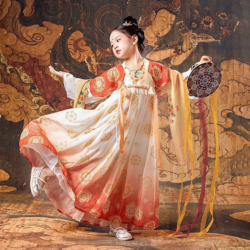 Girls' Hanfu Ru Skirt Women's Dunhuang Tang Dynasty Princess Ancient Suit Ancient Style Girls' Spring and Autumn suit Long Sleeve Children's dress