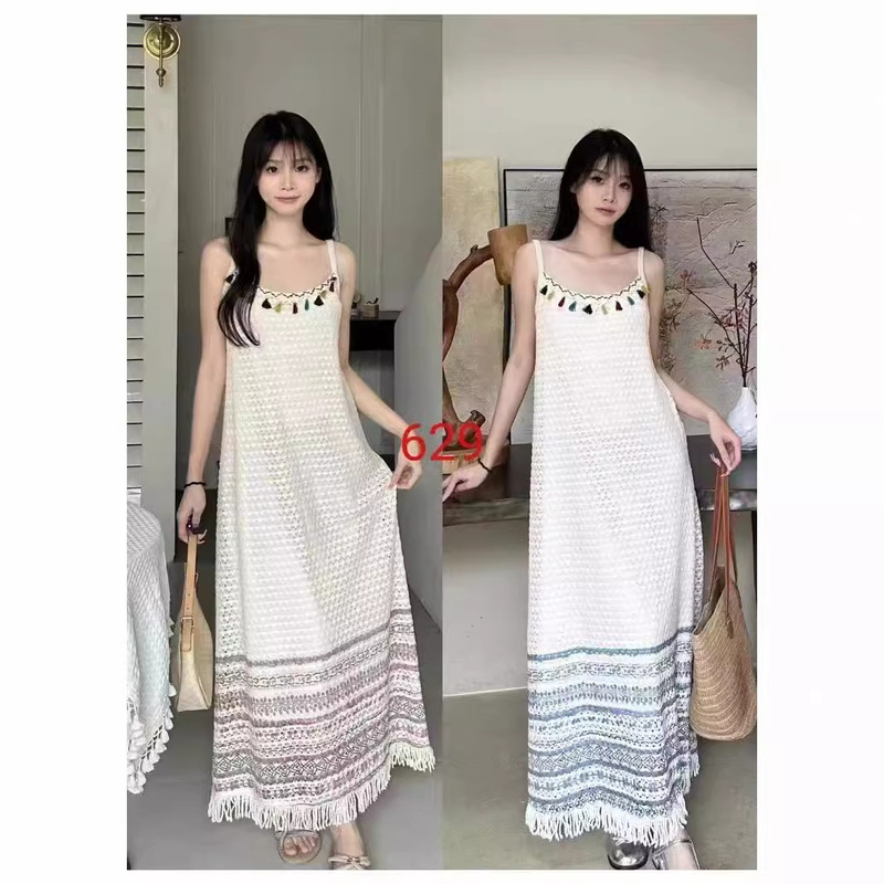 Ethnic Style Yunnan Features Western Travel New Quality Knitted Tassel Slim-Fit Slimming Light Retro Blue Long Dress