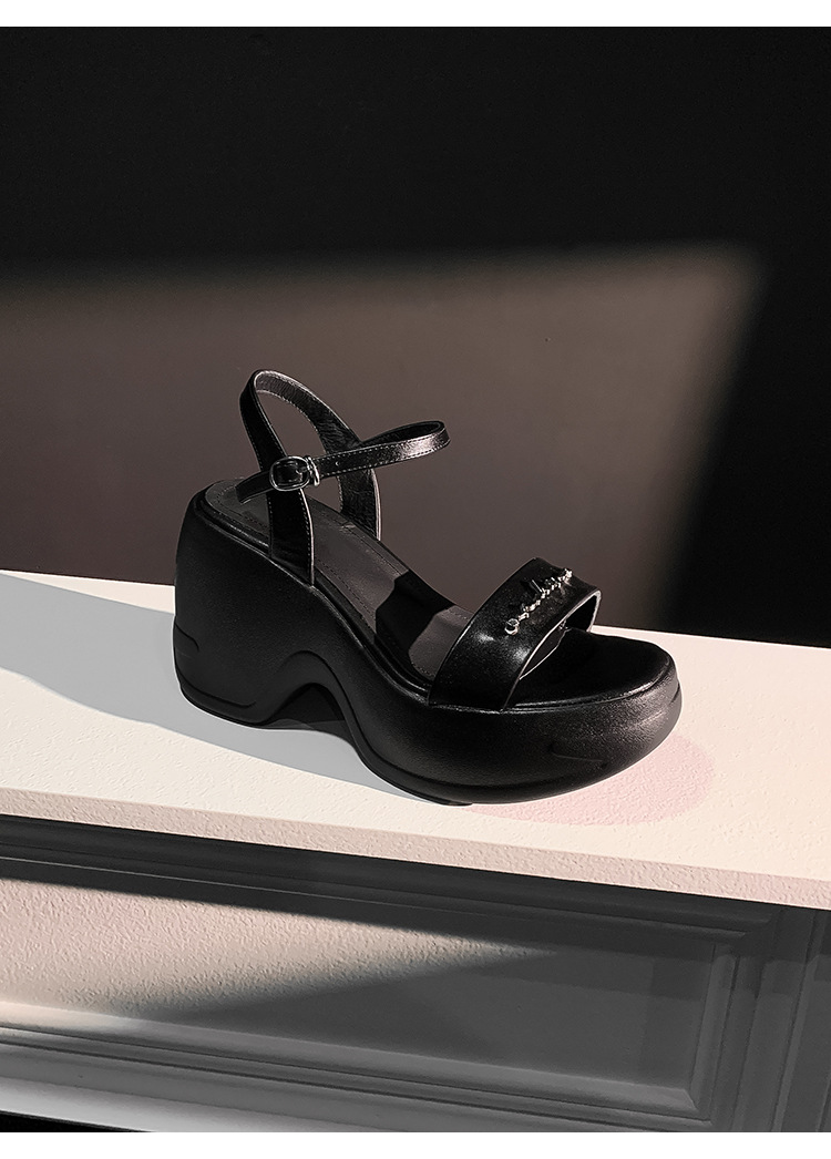 Sandal thể thao nữ đế xuồng cao 5 cm quai ngang chữ T — màu đen, màu trắng ngà chi tiết 18