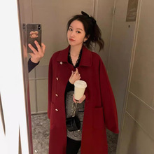 红色单排扣双面羊毛大衣女中长款过年喜庆秋冬新款羊毛呢外套加厚