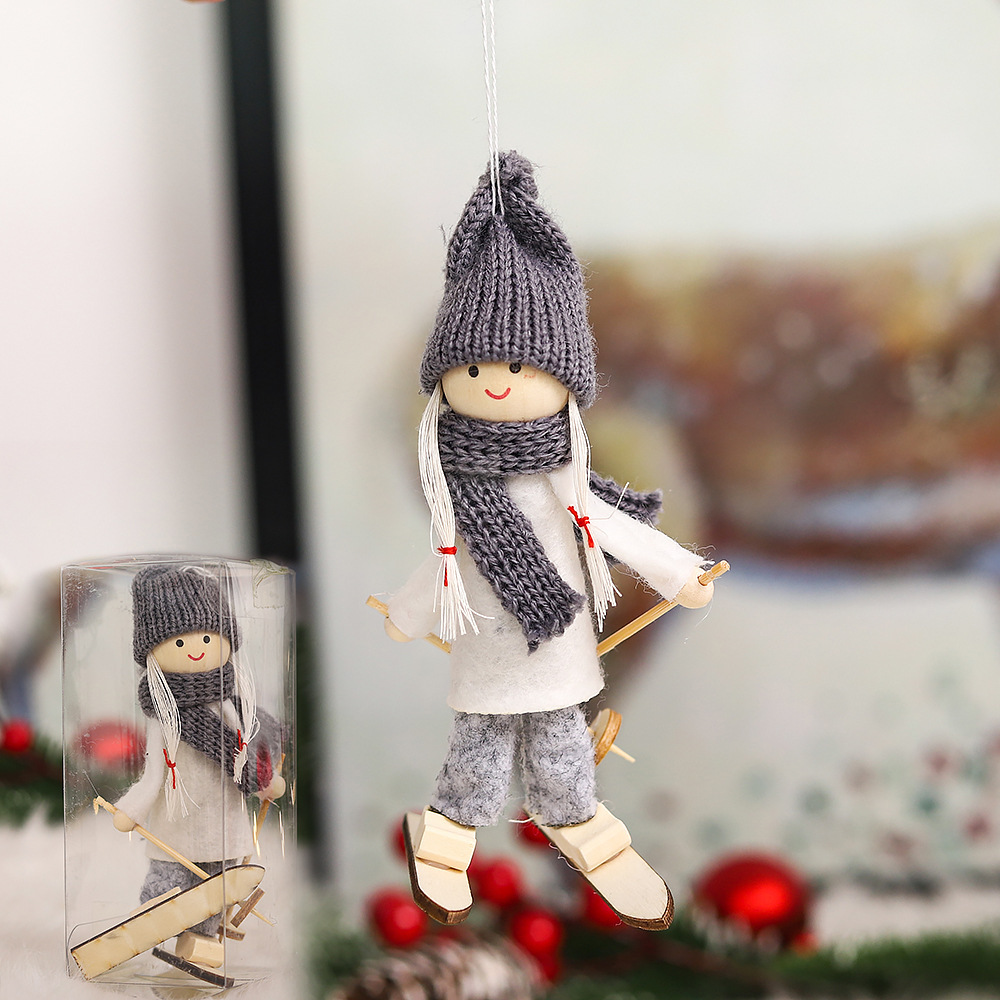 Decoración de Navidad creativa muñeca de madera muñeca de esquí de Navidad colgante árbol mini muñeca
