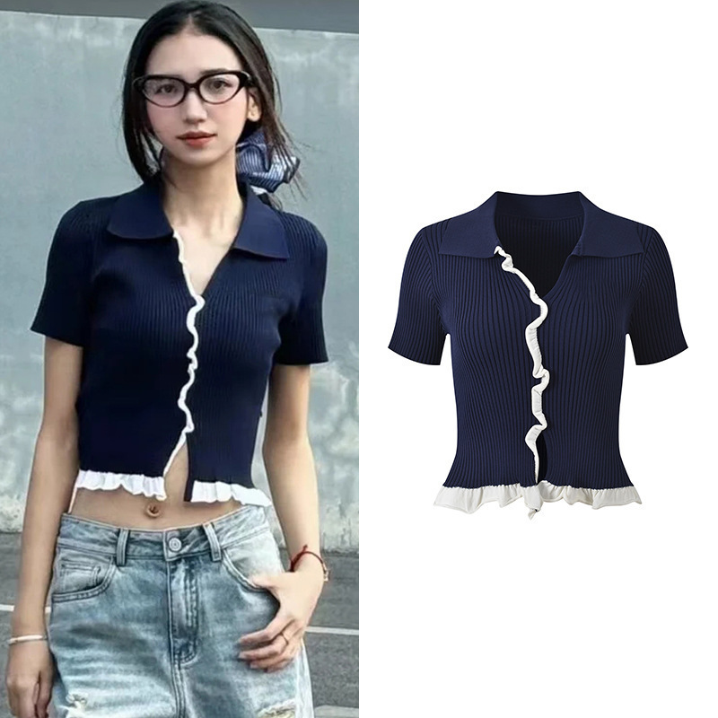 2025 Summer New Design Color-Blocking Ruffle Patchwork Tie-Up Backless Turn-Down Collar Short Knit Top