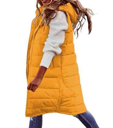 Europa y América nueva moda casual Chaqueta de algodón acolchado de color sólido con capucha chaleco Delgado elegante cardigan sin mangas abrigo de longitud media para las mujeres image 21