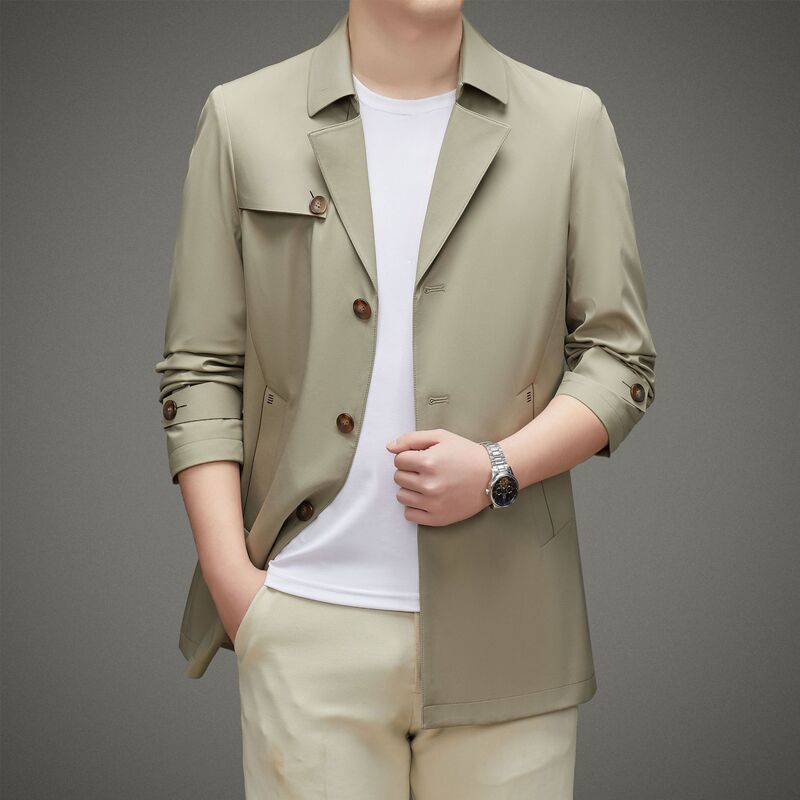 Counter Spring Men's Anti-Wrinkle No-Iron Windbreaker Middle-Aged Business Casual Mid-Length Thin Classic Simple Jacket for Men