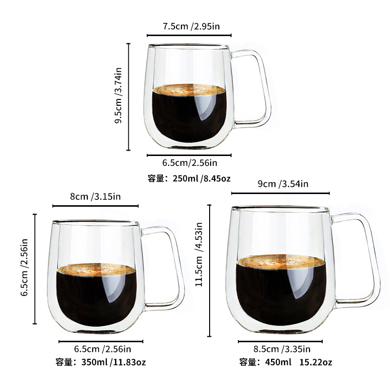 Fabricantes de alta transparencia de vidrio de borosilicato en stock para el hogar taza de té taza de jugo de leche taza de vidrio de doble capa aislante