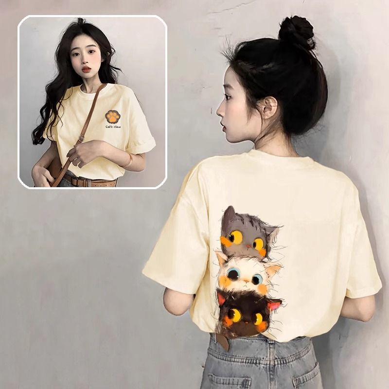 2026 New Apricot-Colored Cartoon Cat Short-Sleeved T-Shirt for Women, Popular Summer Style, Super Nice-Looking, Pure Cotton, Loose Half-Sleeved Top 2026 New Apricot-Colored Cartoon Cat Short-Sleeved T-Shirt for Women, Popular Summer Style, Super Nice-Looking, Pure Cotton, Loose Half-Sleeved Top