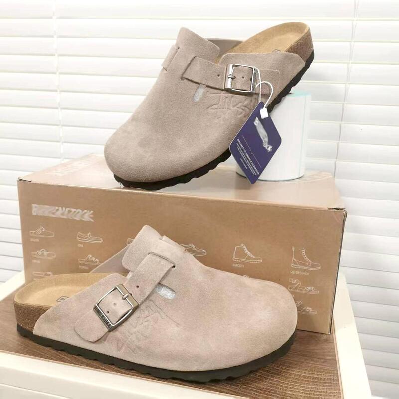 2026 Signature Birkenstock Couple's Model Genuine Leather Cork Shoes Flat Casual Outdoor Slip-On Half-Covered Toe Slippers