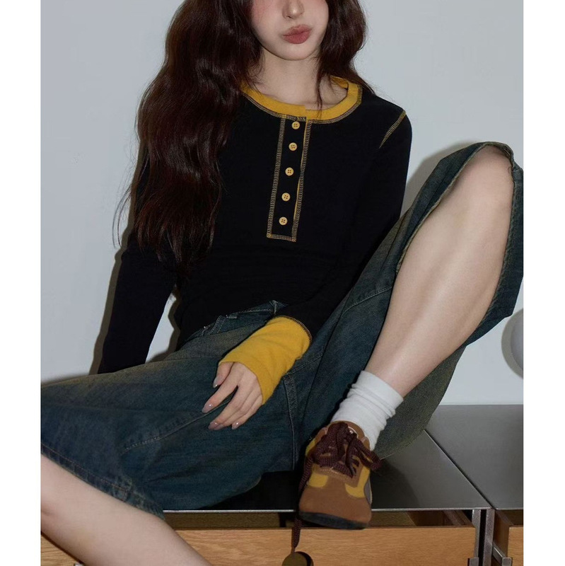 Cha Cha Home Design Black Round Neck Patchwork T-Shirt for Women 2025 Autumn High-End Elegant Slim-Fit Long-Sleeve Knit