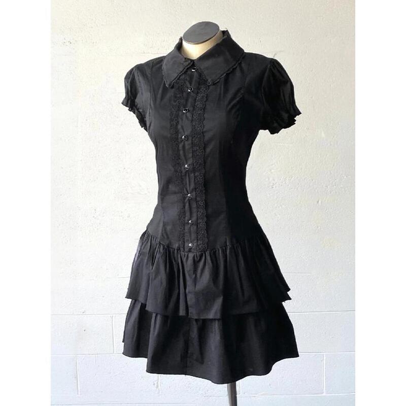 Y2K American Preppy Style Retro Lace Splicing Short-Sleeved Shirt Dress Women's Casual Black Slim Skirt Ins Y2K American Preppy Style Retro Lace Splicing Short-Sleeved Shirt Dress Women's Casual Black Slim Skirt Ins