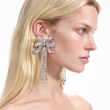 跨境新款蝴蝶结流苏耳环夸张水钻耳坠设计感配饰女earrings