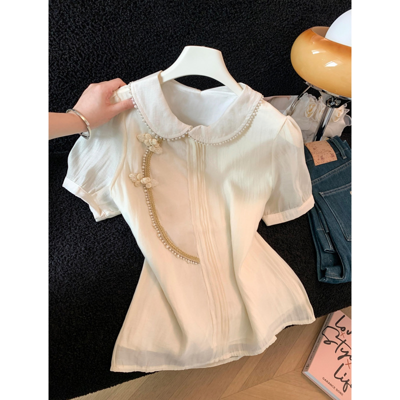 Chiffon Shirt for Women, 2026 Summer New French Chic Style, Beaded Lace Top, Short-Sleeve Base Shirt, Trendy Chiffon Shirt for Women, 2026 Summer New French Chic Style, Beaded Lace Top, Short-Sleeve Base Shirt, Trendy