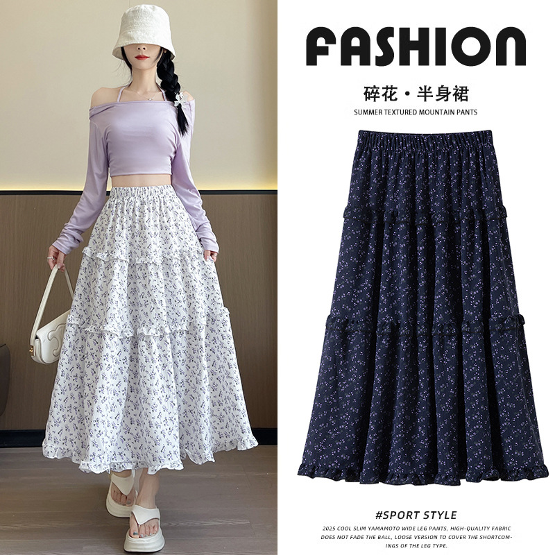 Floral print midi skirt, new spring/summer style, high-waisted, slimming, princess-style, A-line, retro, forest-inspired, relaxed, mid-length skirt.