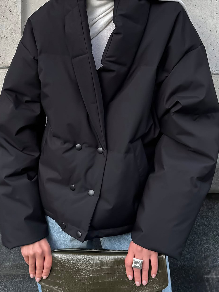 Temperamento de moda simple viento de color sólido V-collar doble abrazadera de algodón abrigo 2025 otoño y invierno nuevo estilo transfronterizo europeo y americano