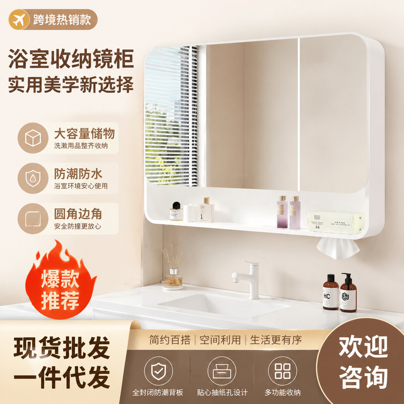 Space Aluminum Bathroom Mirror Cabinet, Wall-Mounted Smart Defogging Mirror with Light and Integrated Storage Shelf