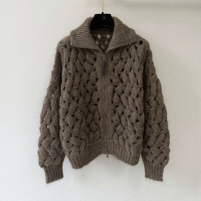 BC26 Early Autumn Hollowed-out Cable Knit Zipper Cardigan for Women, Turn-down Collar, Shiny Silk Sweater Coat, Loose and Casual Top BC26 Early Autumn Hollowed-out Cable Knit Zipper Cardigan for Women, Turn-down Collar, Shiny Silk Sweater Coat, Loose and Casual Top