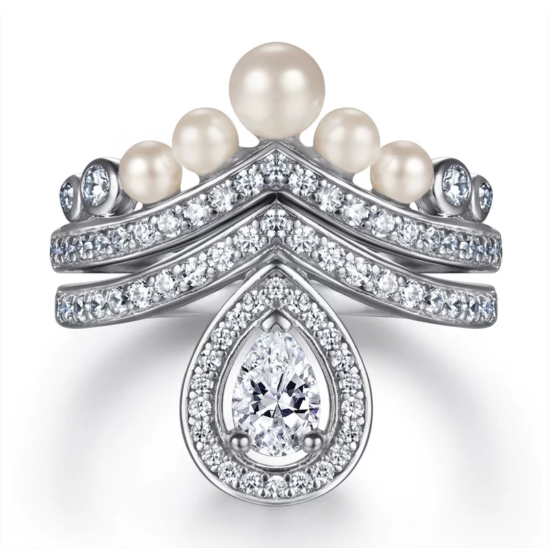 Set pearl drop-shaped, wedding ring, Amazon, silver 925 sample