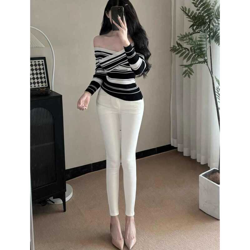 White Stretch Denim Jeans for Women, French Style, Slim Fit, Skinny Ankle-Length Pants, Bootcut, Slimming, Cropped Pants, Pencil Pants