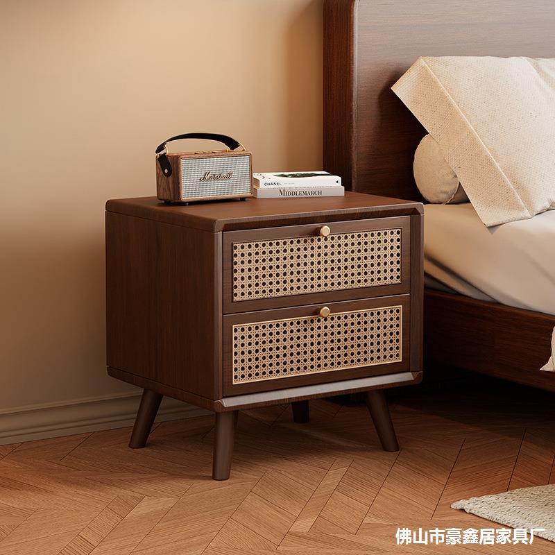 New Chinese Style Solid Wood Bedside Table Rattan Woven Solid Wood Walnut Simple Double Drawer Home Bedroom Bedside Storage Storage Cabinet