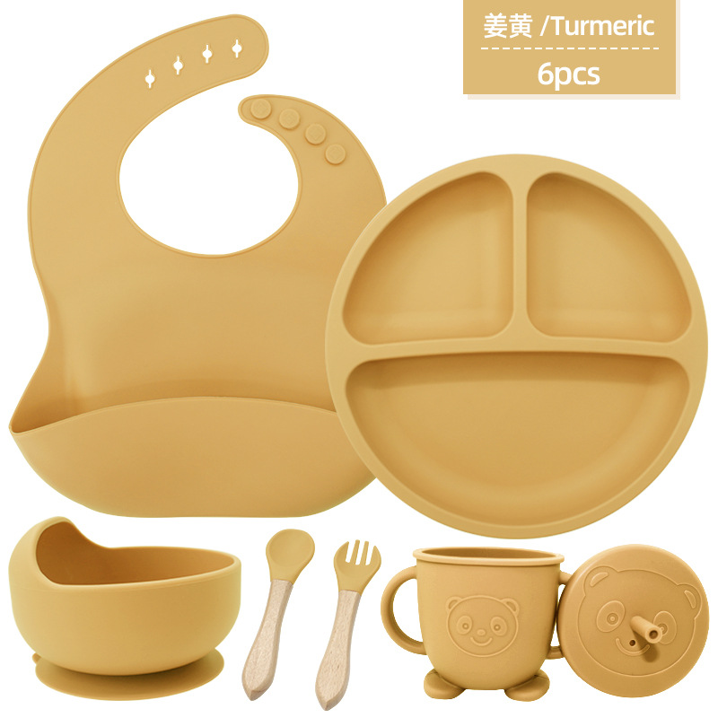 Juego de seis piezas de vajilla de silicona para niños, vajilla de alimentación para bebés para niños, tenedor, cuchara, ventosa, bolsa de arroz, taza de agua