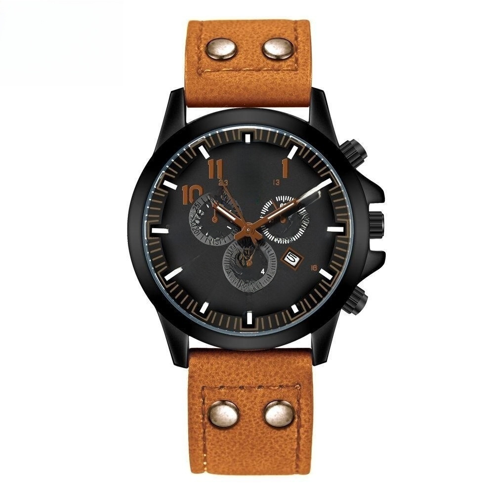 Casual men's quartz watch Three-Eye fashion calendar watch double nail PU men's watch_voghion.com