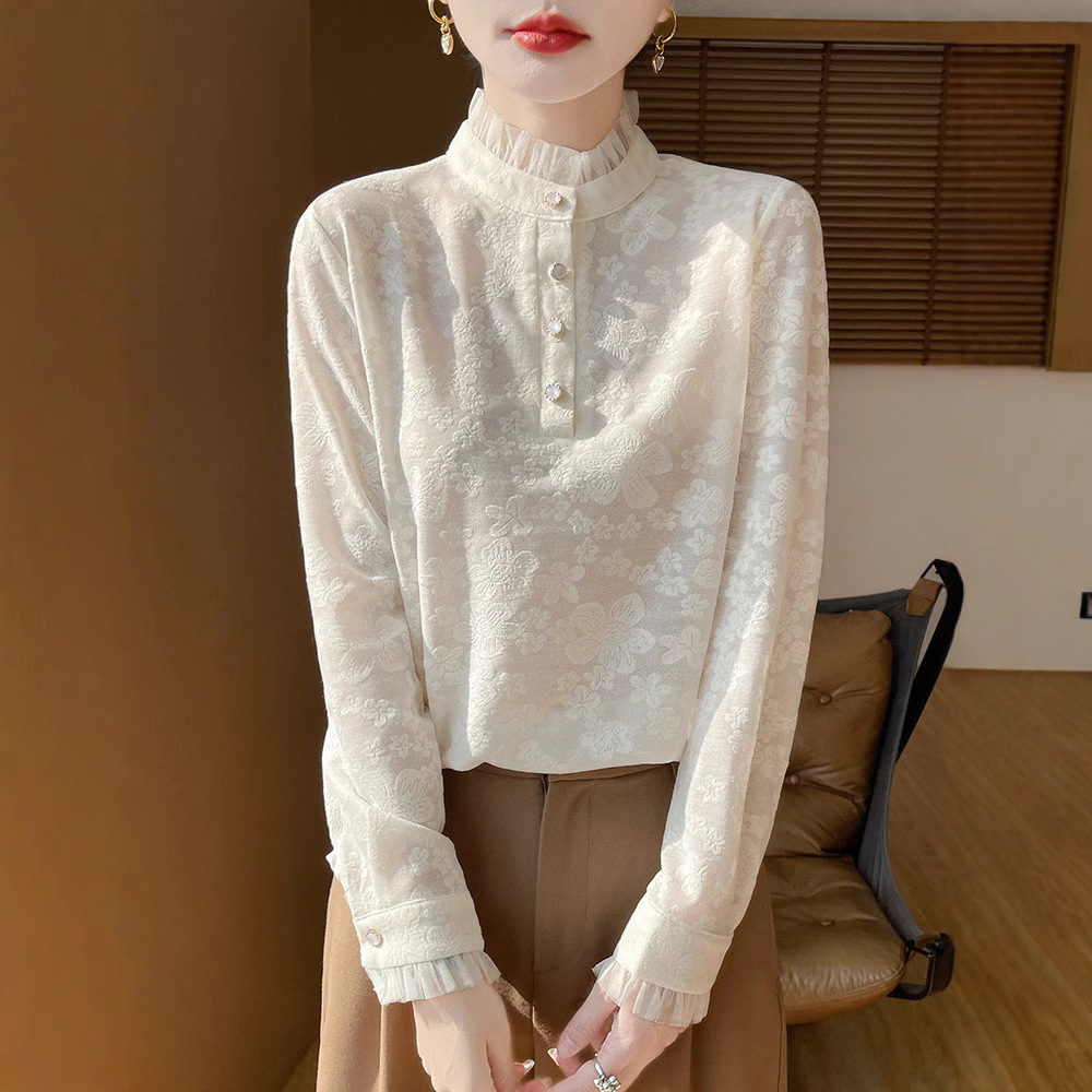 Half turtleneck lace worsted wool bottoming shirt for women
